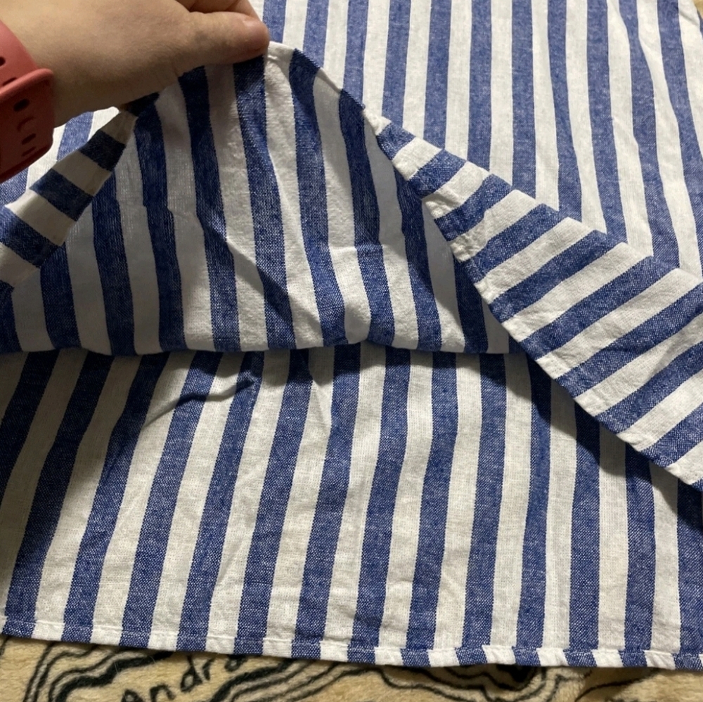 Old Navy Size Medium Blue And White Striped Dress Linen Blend Back Smocking - Picture 7 of 11